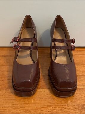 Patent Double-Strap Mary Jane Heels in Burgundy